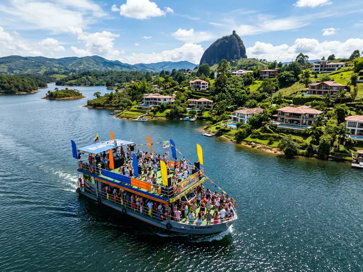 Vista aérea da La Piedra del Peñol com a represa de Guatapé e a bandeira da Colômbia