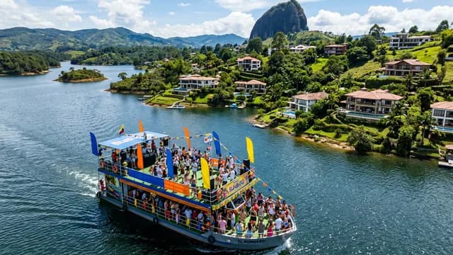Barco turístico navegando pela represa de Guatapé com La Piedra del Peñol ao fundo