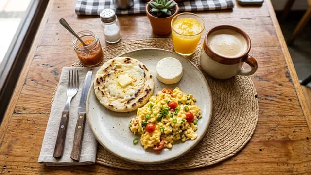 Café da manhã colombiano tradicional com arepa, ovos, café e suco