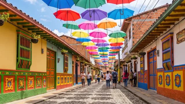 Guarda-chuvas coloridos sobre a rua de pedras em Guatapé
